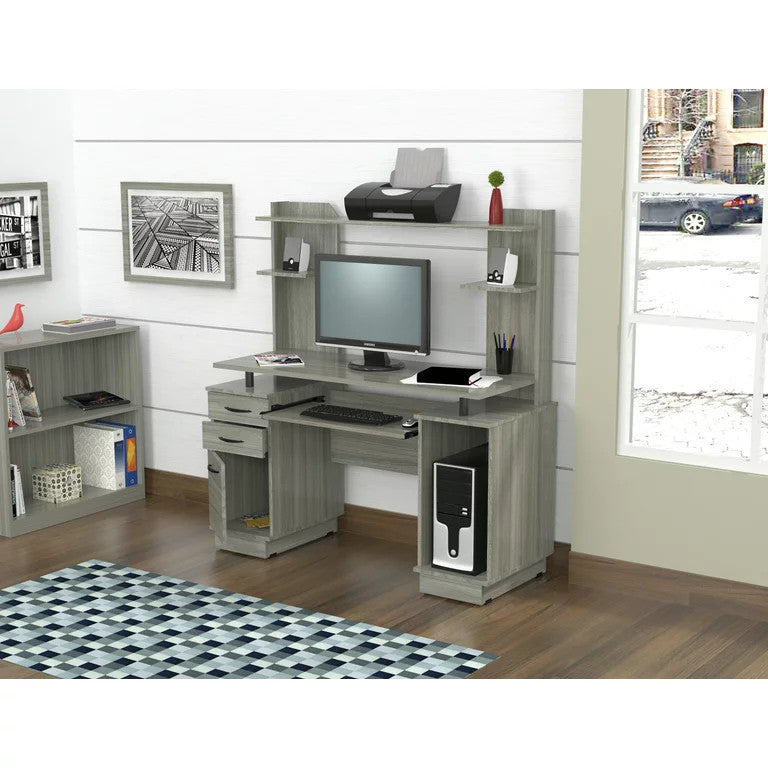 Modern Desk, Open Comparments With Storage Drawers & Metal Handles, Smoke Oak