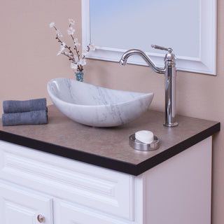 Carrara White Marble Slipper Vessel Sink and Drain, Chrome