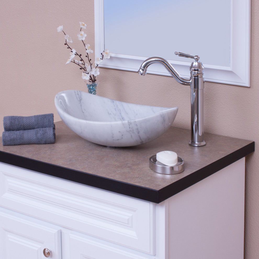 Carrara White Marble Slipper Vessel Sink and Drain, Chrome