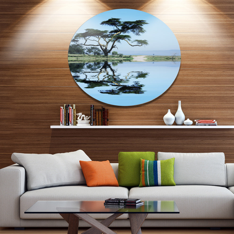 Beautiful Tree Reflecting In Lake, Landscape Disc Metal Artwork, 23"