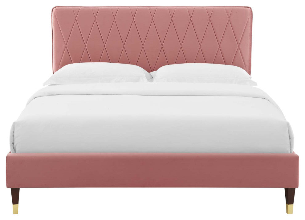 Platform Bed Frame, Queen Size, Velvet, Pink, Modern Contemporary, Bedroom