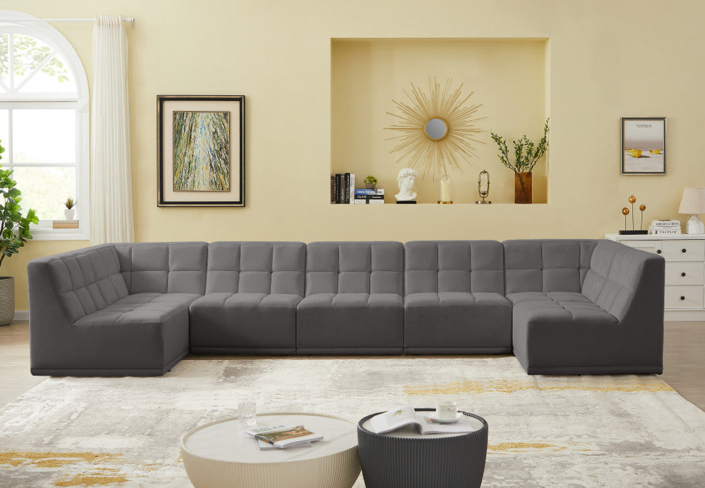 Relax Velvet Upholstered 7-Piece U-Shaped Modular Sectional, Grey