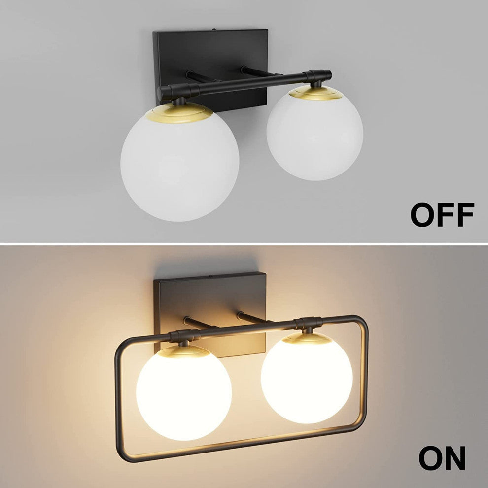 2-Light Mid Century Wall Lights Black and Gold Vanity Light With Milky White