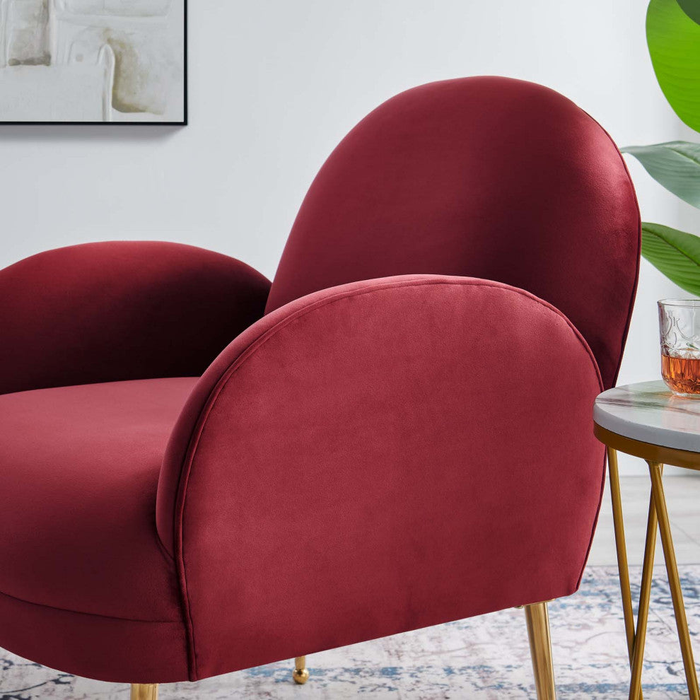 Armchair Accent Chair, Red, Velvet, Modern, Mid Century Hotel Lounge Cafe Lobby