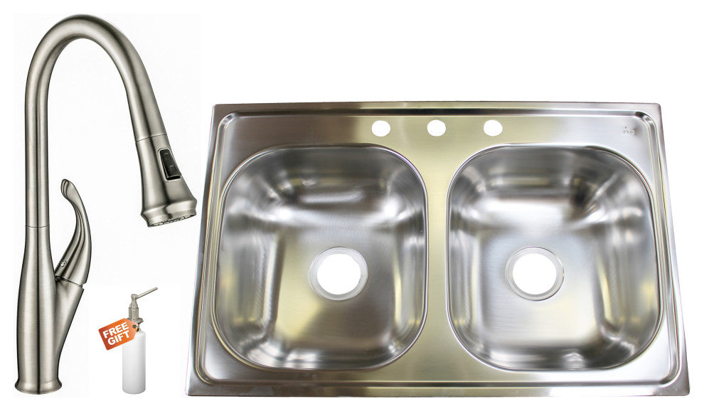 33" Drop-In Stainless Steel 3-Hole 50/50 Double Bowl Kitchen Sink and Faucet Set