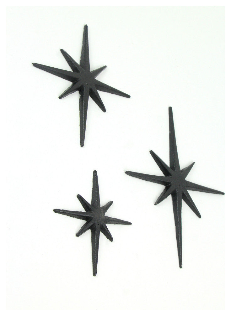 Set of 3 Black Cast Iron 8 Pointed Starburst Wall Hangings Mid Century Stars