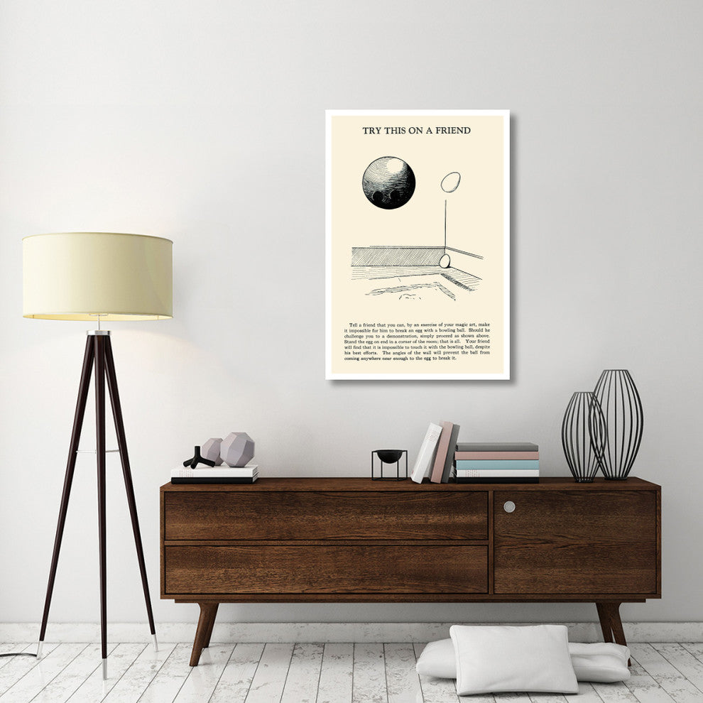 "Try This on a Friend - Bowling Ball versus Egg" Print by Retromagic, 31"x46"