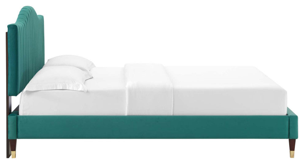 Tufted Platform Bed Frame, Full Size, Velvet, Teal Blue, Modern Contemporary