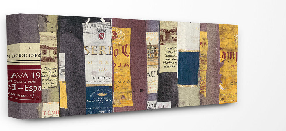 Elegant and Textural Wine Bottle Labels Collage Stretched Canvas, 10"x24"