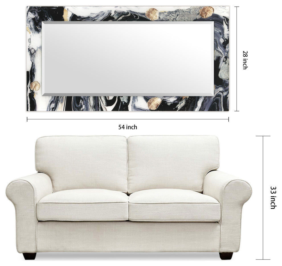 "Ebony and Ivory" Beveled Mirror on Printed Abstarct Tempered Art Glass, 54x28"