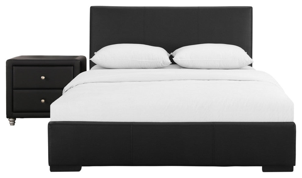 Black Upholstered Full Platform Bed With Nightstand