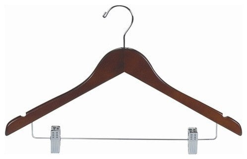 Flat Wood Suit Hanger With Clips, Walnut and Chrome, Set of 25