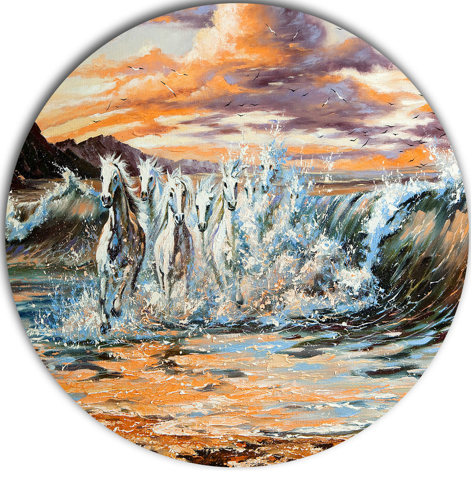 Horses From Waves, Animal Digital Art Round Wall Art, 23"