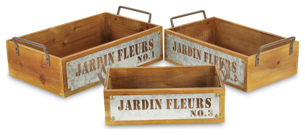 Jardin Fleurs Wood Metal Stamped Crate, Set of 3