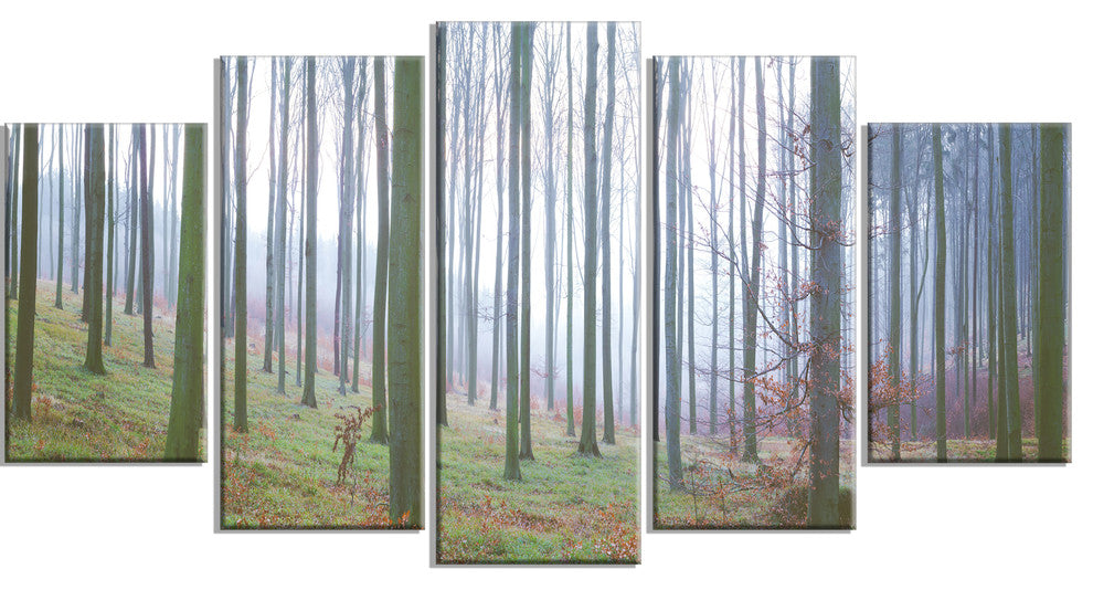 "Autumn Tree Trunks Panorama" Oversized Forest Canvas Artwork, 5 Panels, 60"x32"
