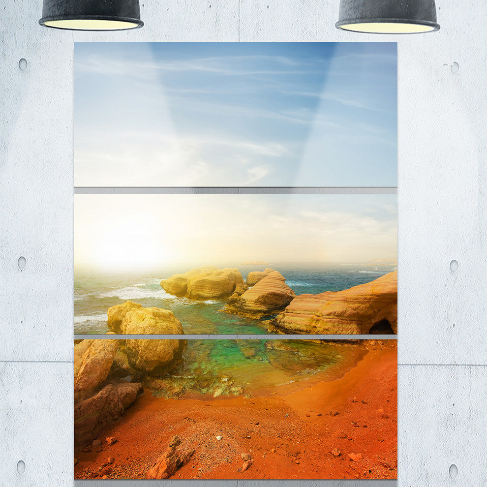 "Rocky Red Beach and Blue Sky" Metal Wall Art, 3 Panels, 28"x36"