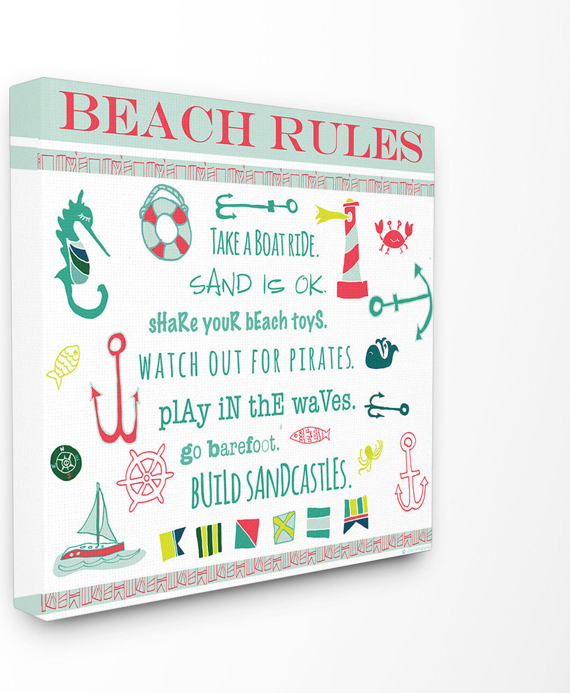 "Beach Rules Typog And Icons" Stretched Canvas Wall Art