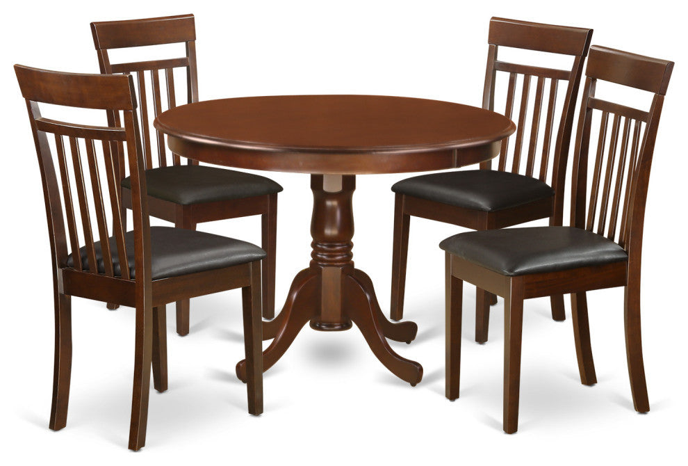 5 Pc Set With A Round Table And 4 Leather Dinette Chairs, Mahogany