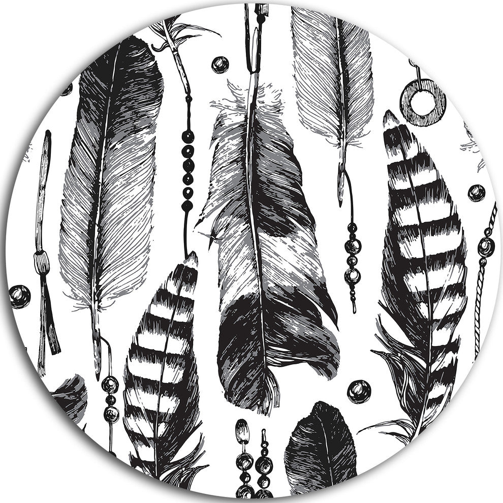 Hand Drawn Feathers, Round Metal Wall Art, 11"