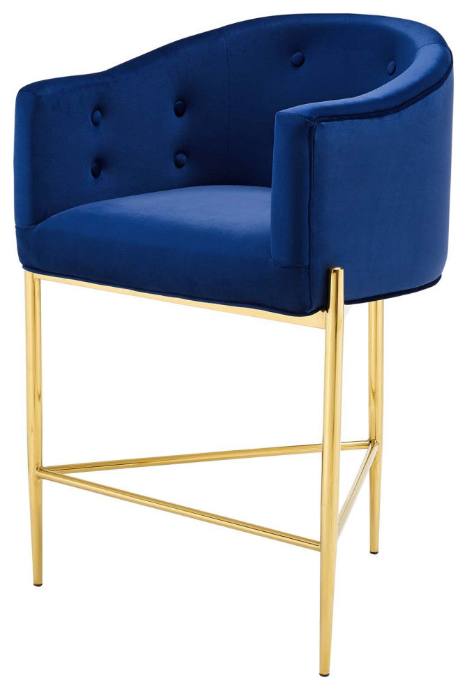 Tufted Counter Stool Chair, Set of 2, Velvet, Metal, Blue Navy, Modern, Bar Pub