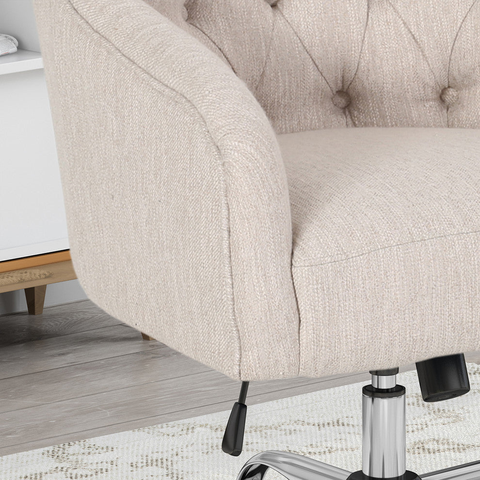 Uriel Tufted Home Office Chair With Swivel Base, Beige, Silver Finish