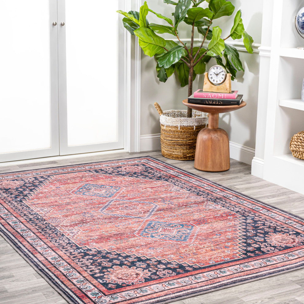 Dalyan Geometric Medallions Machine Washable Indoor Area Rug, Terra/Navy, 4 X 6