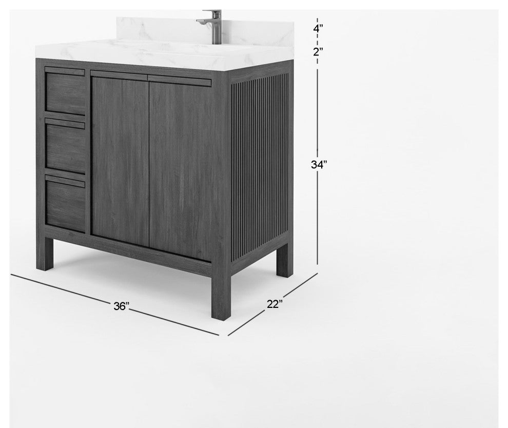 Elizabeth 36 Right Offset Bath Vanity in Dark Walnut Teak 2" Carrara Quartz