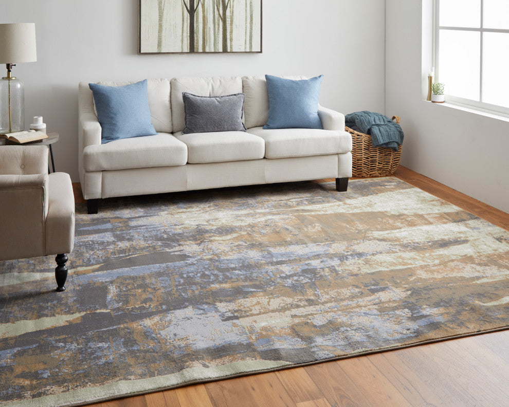Takara Modern Abstract, Brown/Blue/Ivory, 3'10"x6' Accent Rug