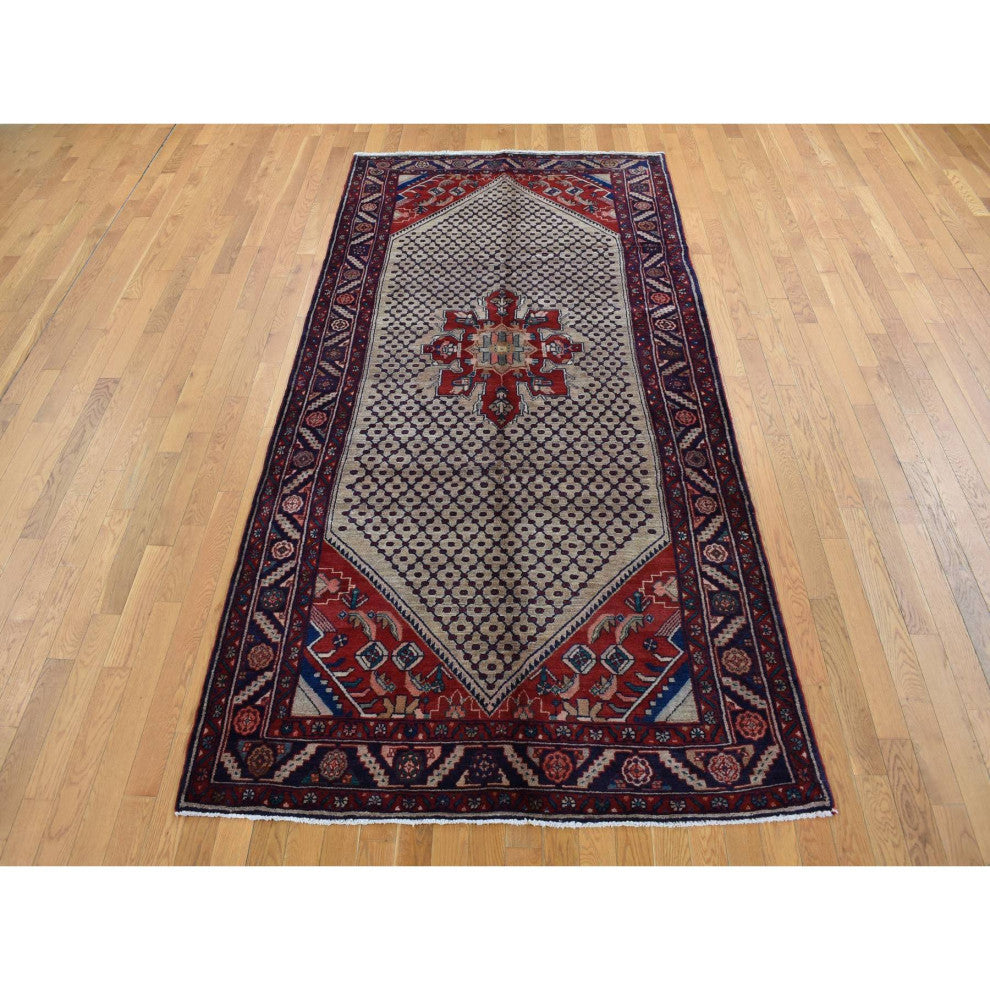 Brown New Persian Hamadan Camel Hair Pure Wool Hand Knotted Rug 5'1" x 10'2"