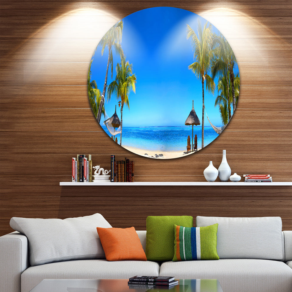 Mauritius Beach With Chairs, Seashore Photo Disc Metal Artwork, 36"