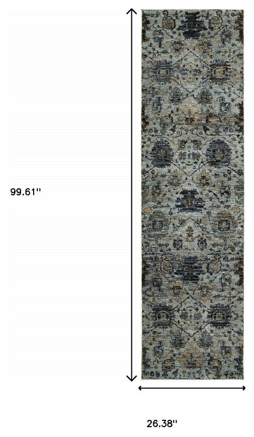 8' Runner Blue Green Oriental Power Loom Runner Rug