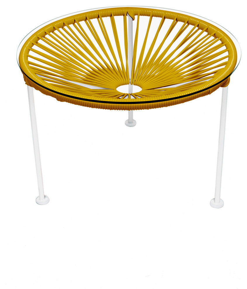 Zicatela Indoor/Outdoor Handmade Side Table, Caramel Weave, White Frame