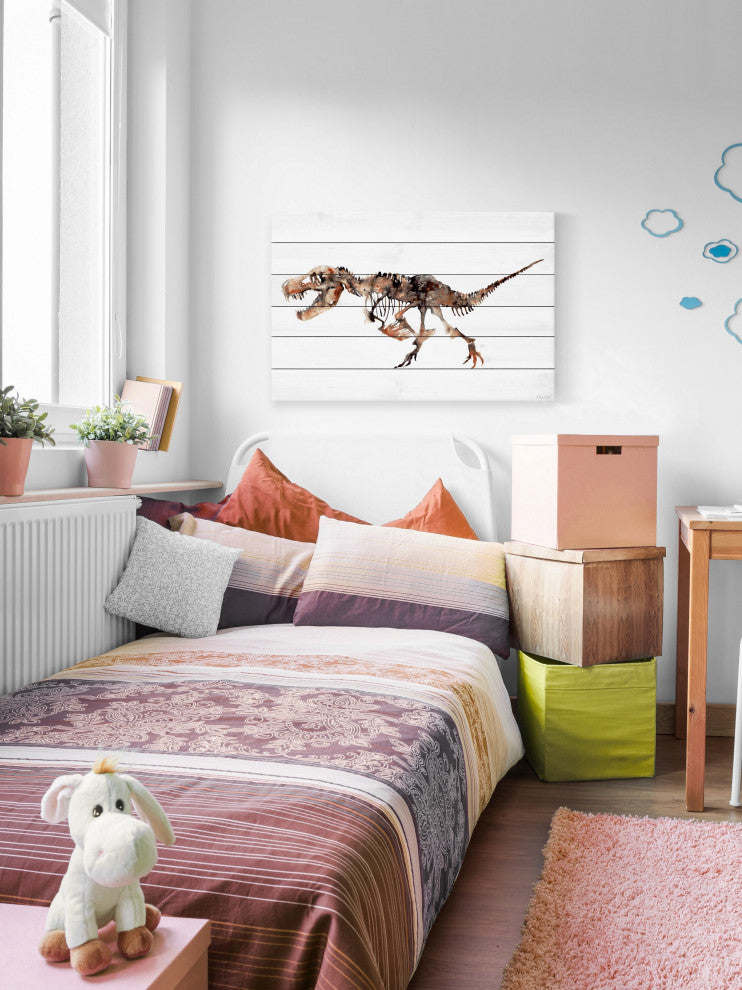 "Big T-Rex Skeleton" Painting Print on White Wood, 18x12
