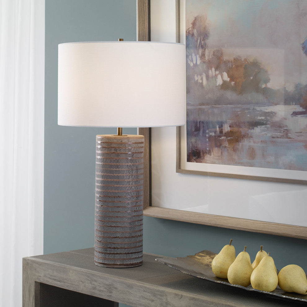 Rustic Chiseled Gray Brown Stripe Cylinder Table Lamp 29in Carved Ceramic Bronze