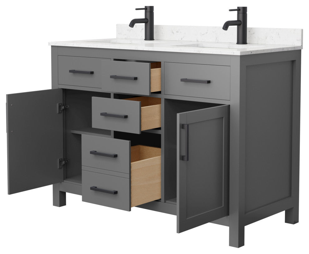 48"DBL Vanity Dark Gray, Carrara Cult. Marble Countertop, Sinks, Black Trim