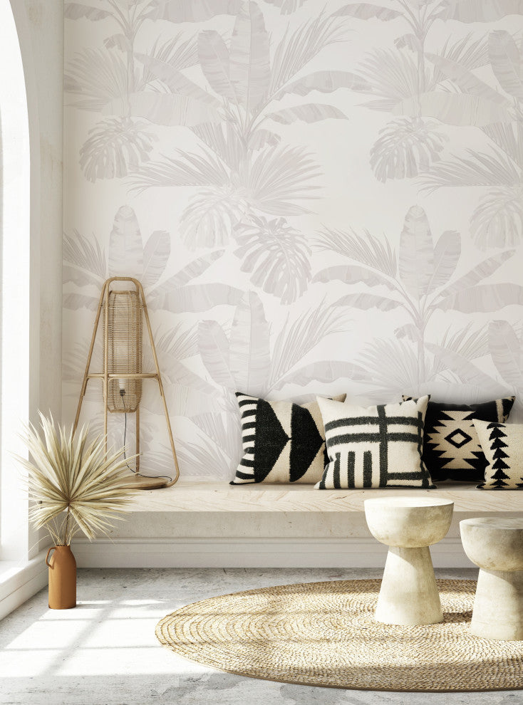 Oceanside Palm Leaves Vinyl Peel and Stick Mural, Gray, 24"x108", Single