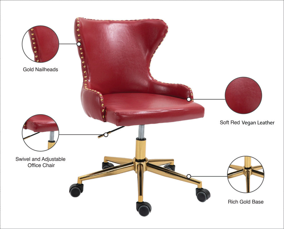 Hendrix Swivel and Adjustable Vegan Leather Office Chair, Red, Rich Gold Base