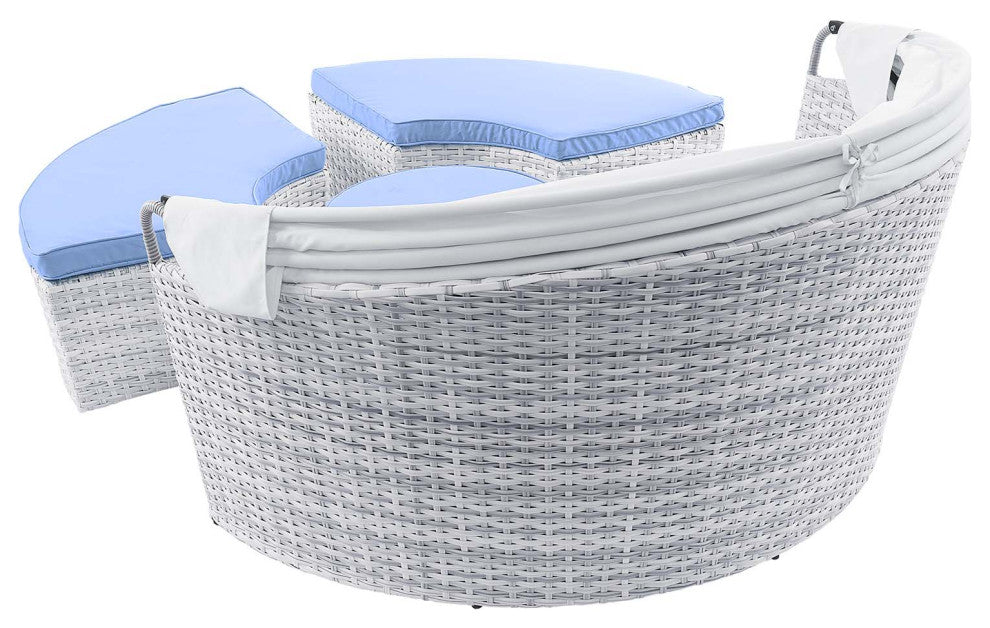 Lounge Daybed Sofa Bed, Gray Blue, Rattan, Wicker, Modern, Outdoor Patio