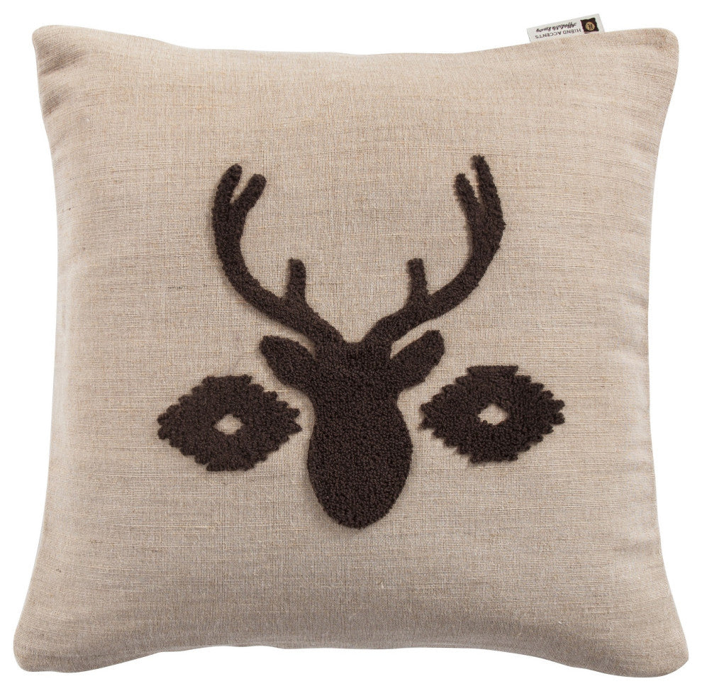 Aztec Deer Bust Embroidered Burlap Throw Pillow, 18"x18", 1 Piece