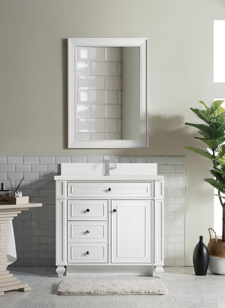 Bristol 36" Single Vanity, Bright White, Single Hole White Quartz, Backsplash