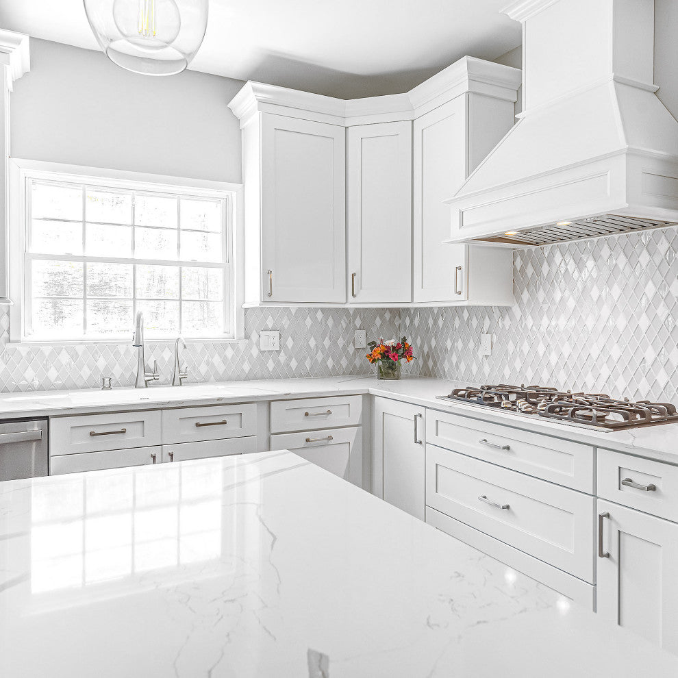 Elegant Glass and Marble Rhomboid Design Mosaic Backsplash Tile, Sample