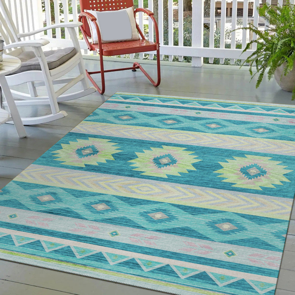Indoor/Outdoor Phoenix PH3 Teal Machine Washable 5' x 7'6" Rug