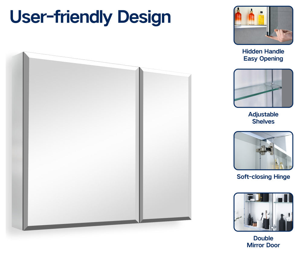 Aurora Recessed or Surface Mount Frameless Mirror with 2 Shelves,30x26Inch