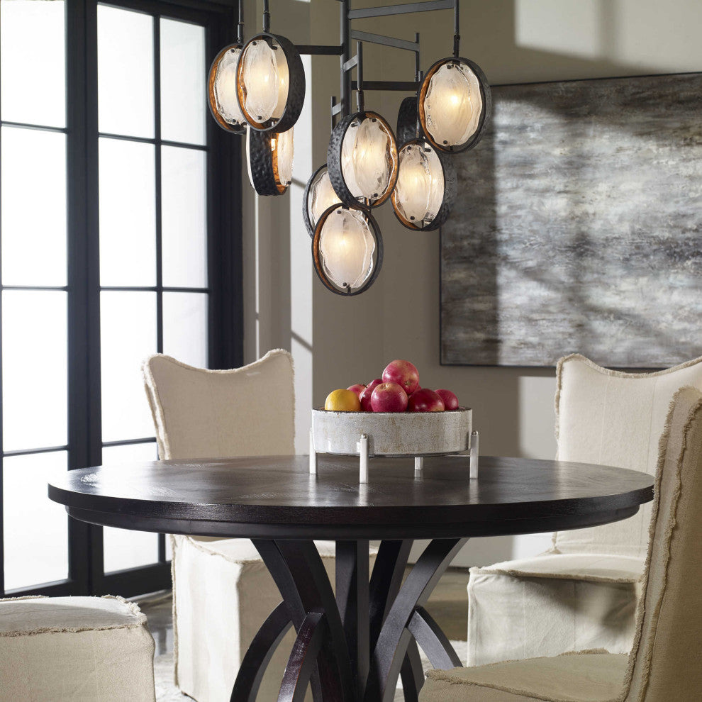 Mid Century Modern Glass Ovals Chandelier, 9 Light Bronze Gold White Abstract