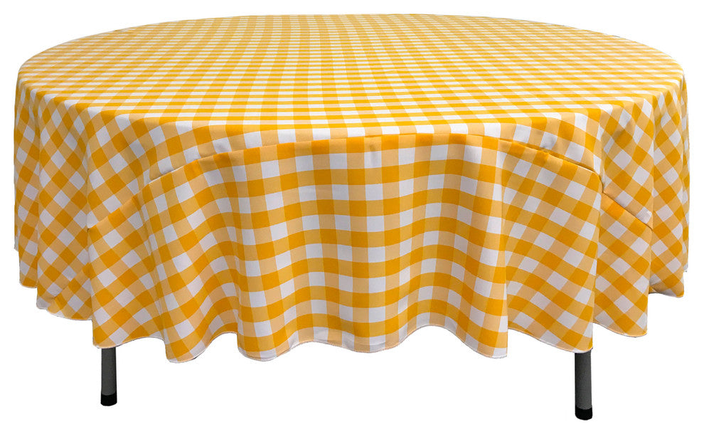 LA Linen Round Gingham Checkered Tablecloth, White and Dark Yellow, 90" Round
