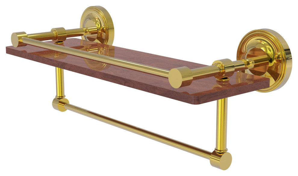 Prestige Regal 16" Wood Shelf with Gallery Rail and Towel Bar, Polished Brass