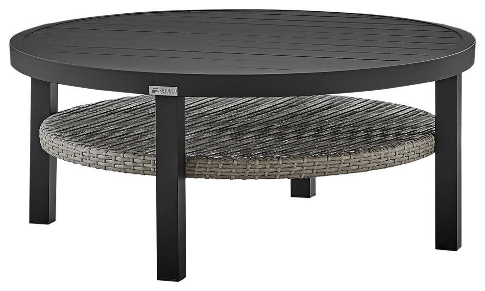 Aileen Outdoor Patio Round Coffee Table, Black Aluminum With Gray Wicker