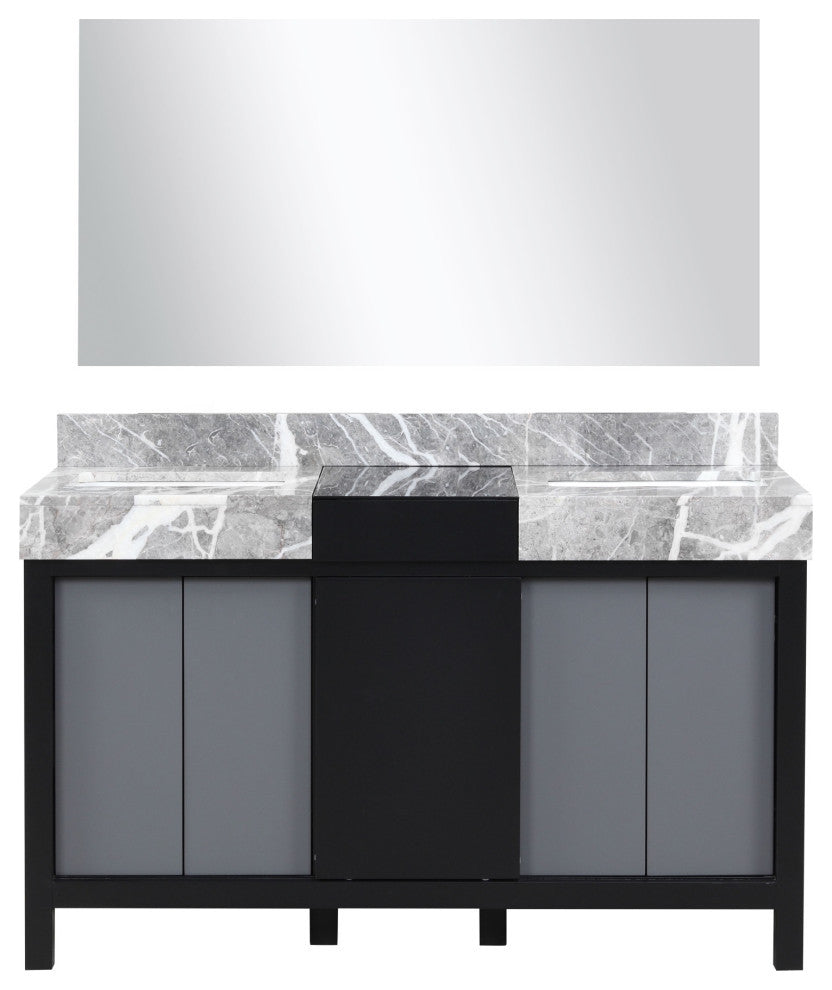 55" Double Vanity, Marble Tops, White Square Sinks, And 53" Frameless Mirror