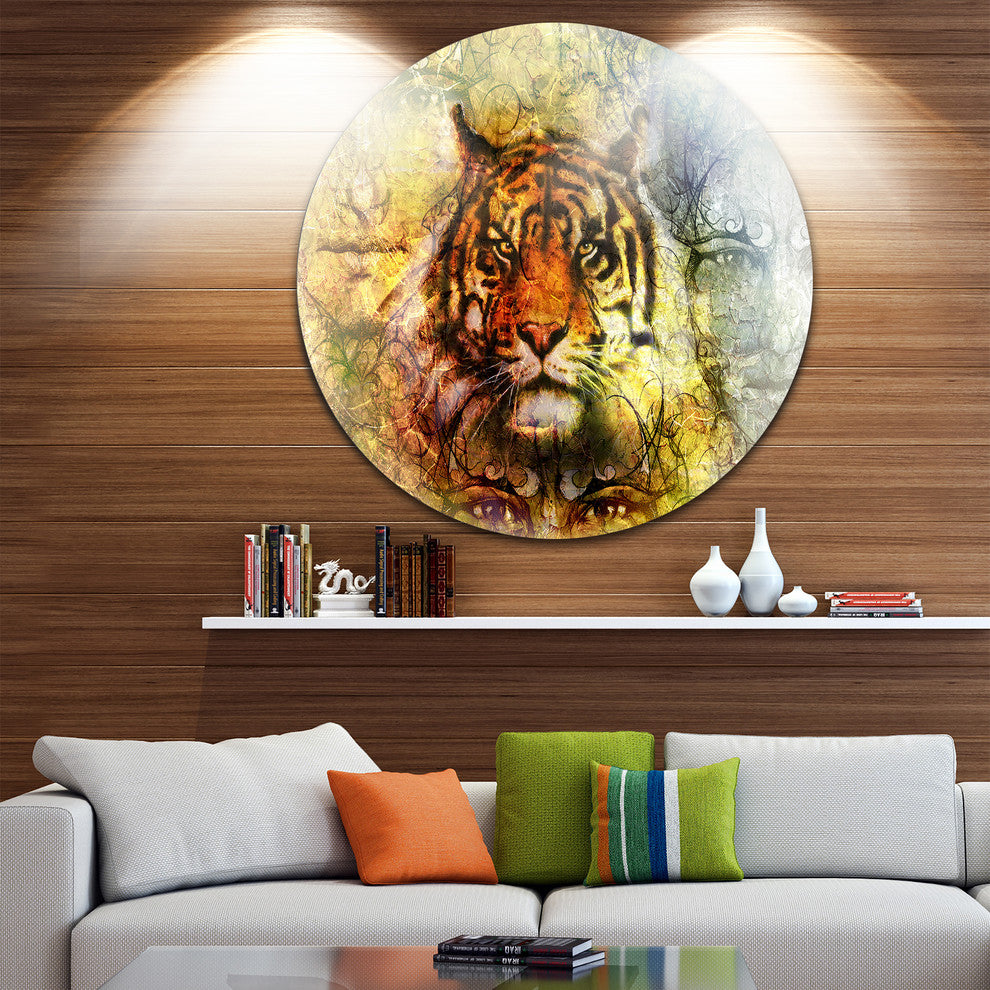 Mighty Tiger With Mystic Face, Digital Art Animal Round Wall Art, 23"