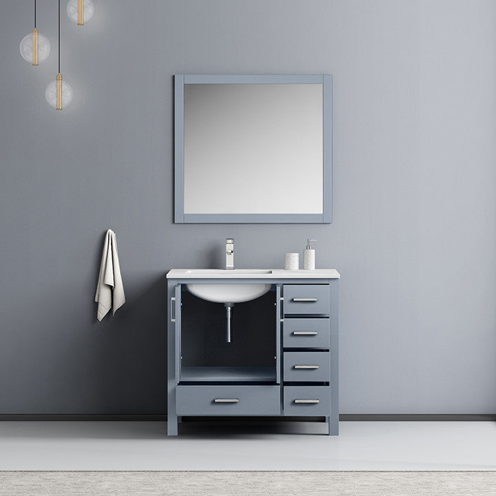 Jacques 36" Vanity, Wht Carrara Marble Top w/ 34" Mirror, Dark Grey, Left